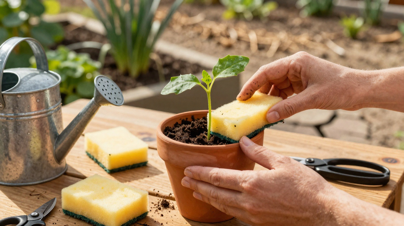 Mãos a cuidar de muda numa planta em vaso, com esponjas e regador metálico numa mesa de madeira.