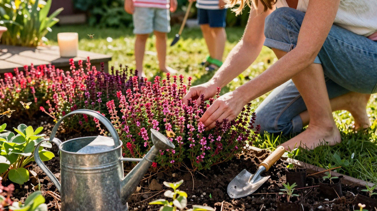 Mulher e criança a cuidar e regar ervas com flores cor-de-rosa num jardim ensolarado.