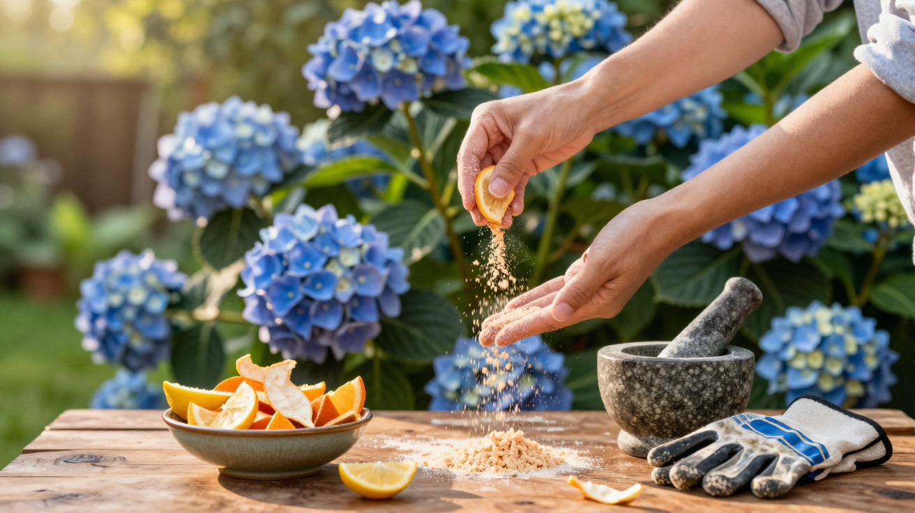 Mão a espremer laranja sobre mesa com cascas, pilão, luvas e flores azuis ao fundo num jardim.