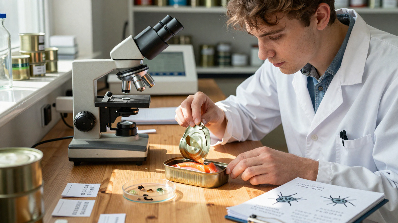 Jovem cientista a analisar amostra de peixe em conserva com microscópio num laboratório.