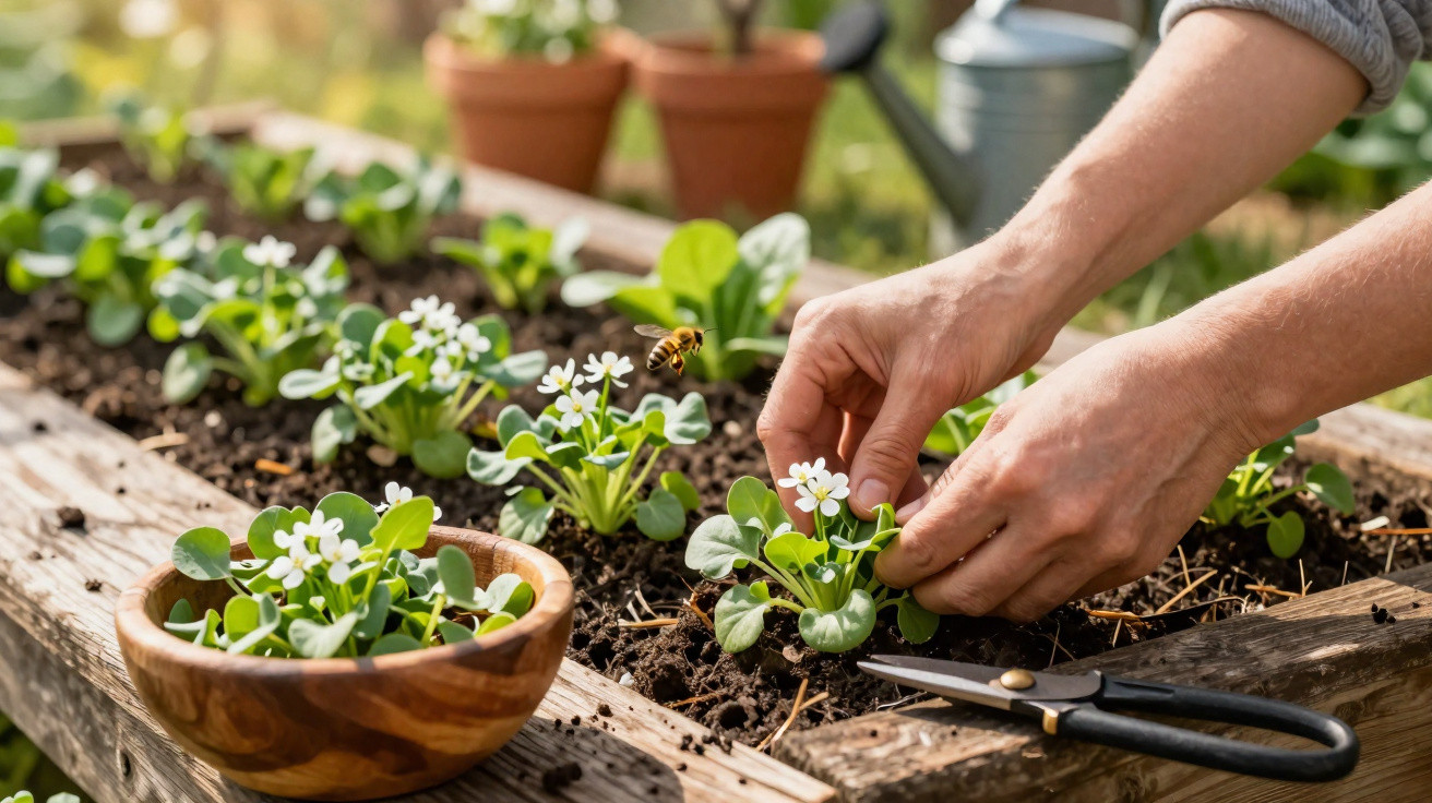 Mãos a cuidar de plantas com flores brancas num jardim com solo húmido e tesoura de jardinagem.