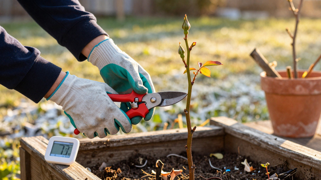 Pessoa com luvas a podar toco de planta com tesoura de jardinagem vermelha num jardim.