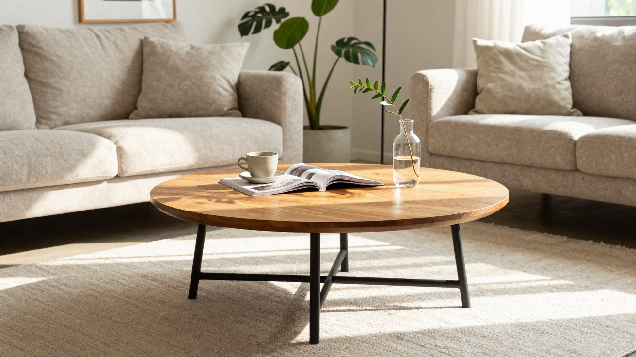 Sala de estar com mesa de centro redonda em madeira, sofá cinza e plantas decorativas.