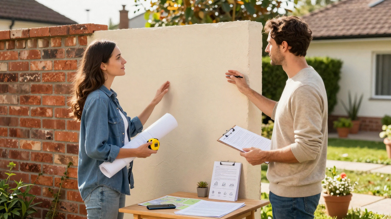 Duas pessoas a medir uma parede exterior com trena, segurando plantas, plantas e documentos num ambiente residencial.