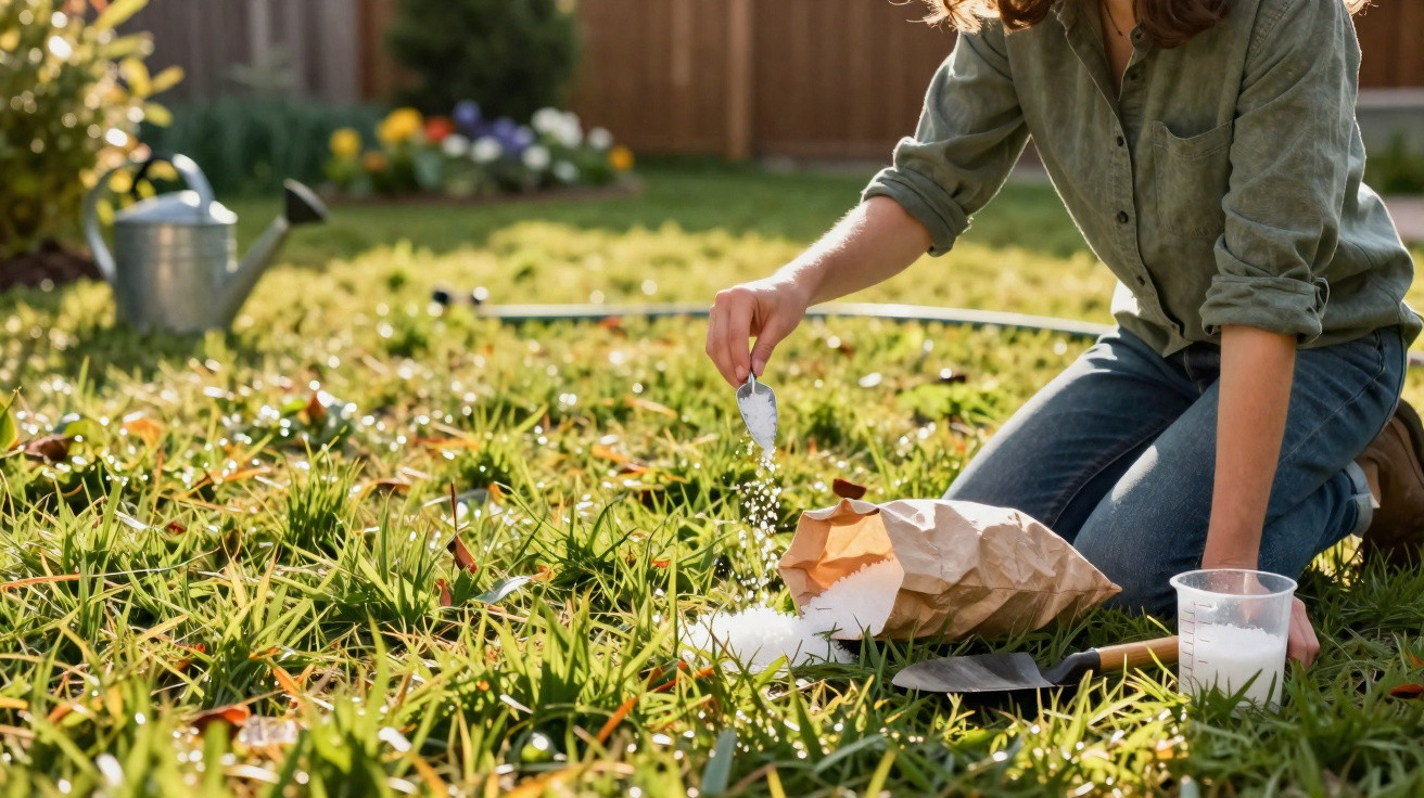 Criança com camiseta cinza espalha fertilizante em relva num jardim ensolarado com regador e enxada junto.
