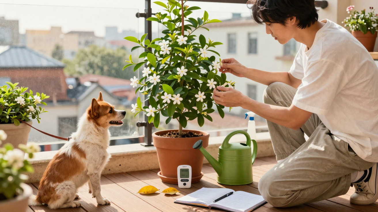 Pessoa a cuidar de planta florida num terraço, ladeada por cão pequeno e material de jardinagem.