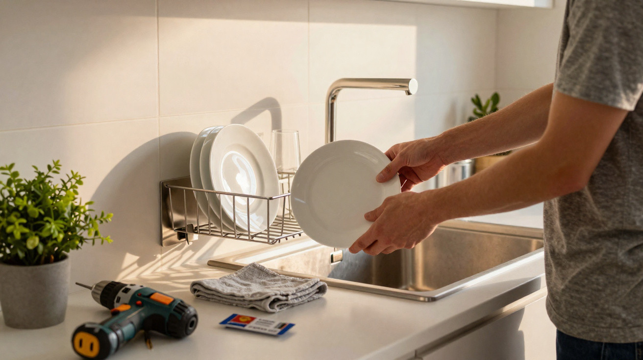 Pessoa a montar escorredor de pratos metálico numa bancada de cozinha iluminada pelo sol.