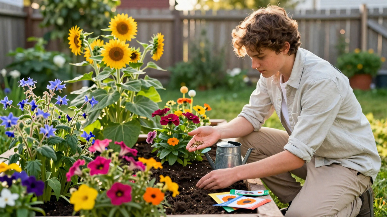 Jovem a semear num canteiro com flores coloridas, incluindo girassóis, num jardim ensolarado.