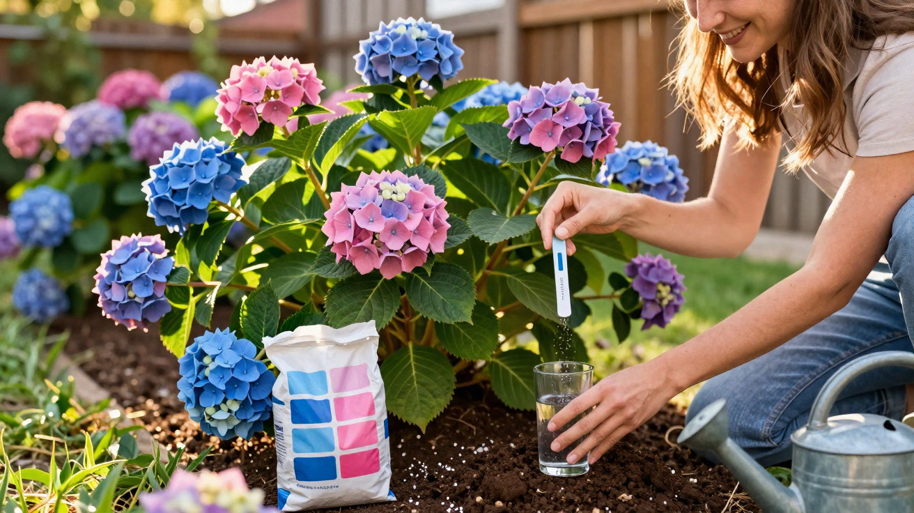 Mulher a cuidar de flores hortênsias rosas e azuis num jardim com regador e fertilizante.