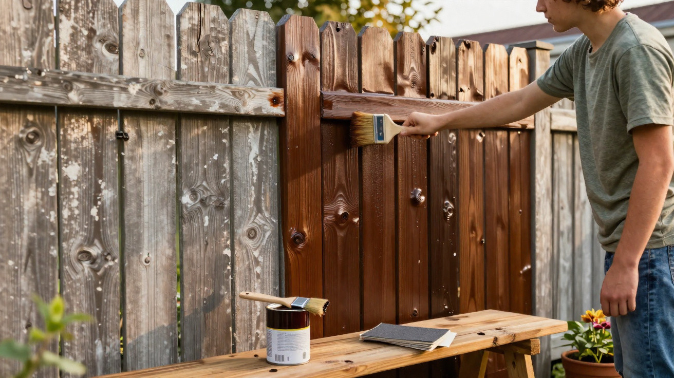 Pessoa a pintar uma cerca de madeira com verniz castanho num jardim ao ar livre.