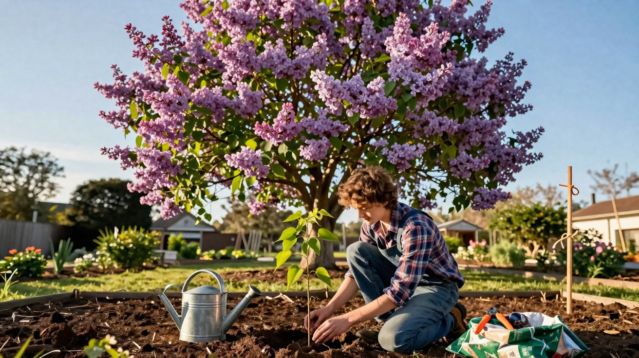 Homem planta muda perto de regador com árvore florida lilás ao fundo num jardim ao ar livre.