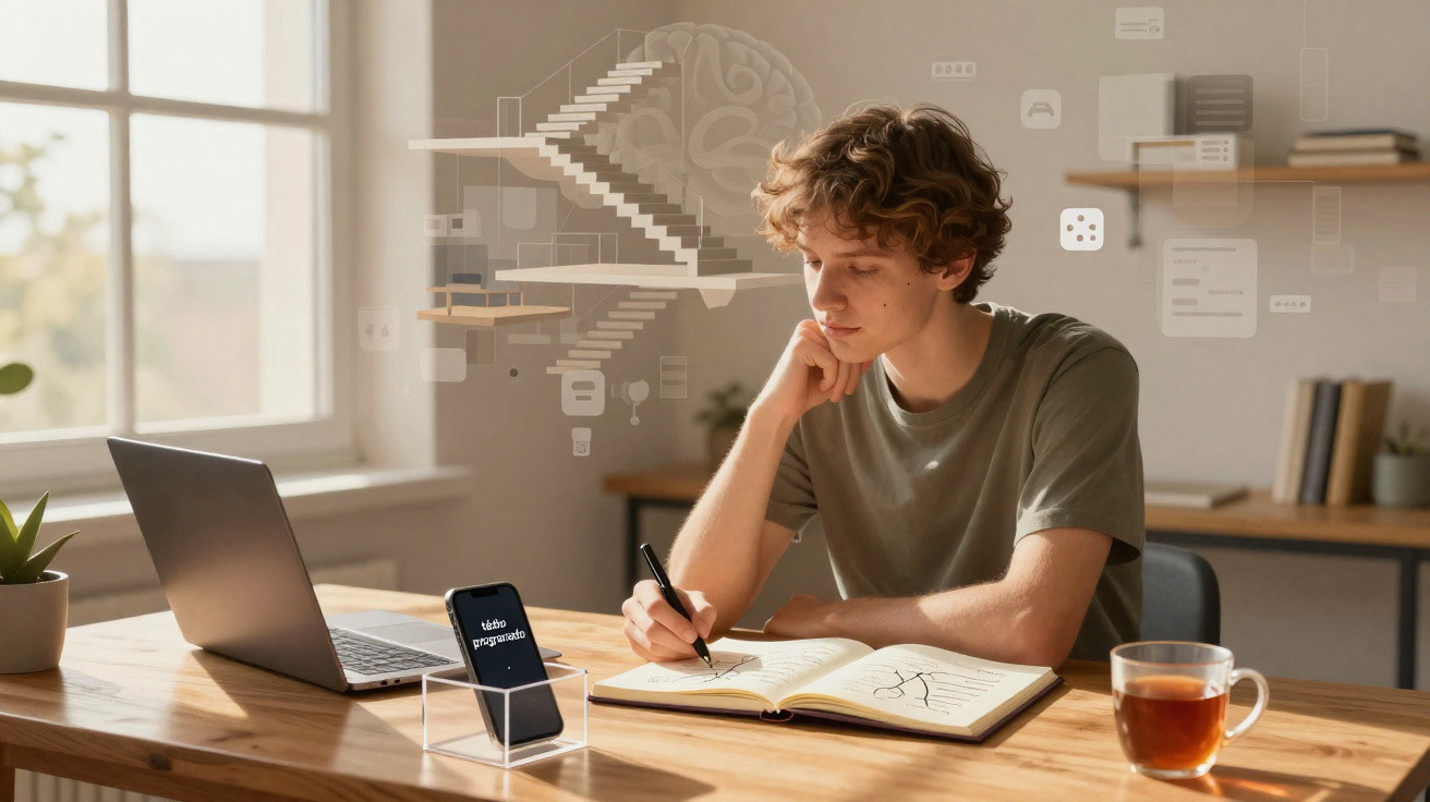 Jovem a estudar com livro aberto, computador e gráfico cerebral digital flutuante num ambiente luminoso.