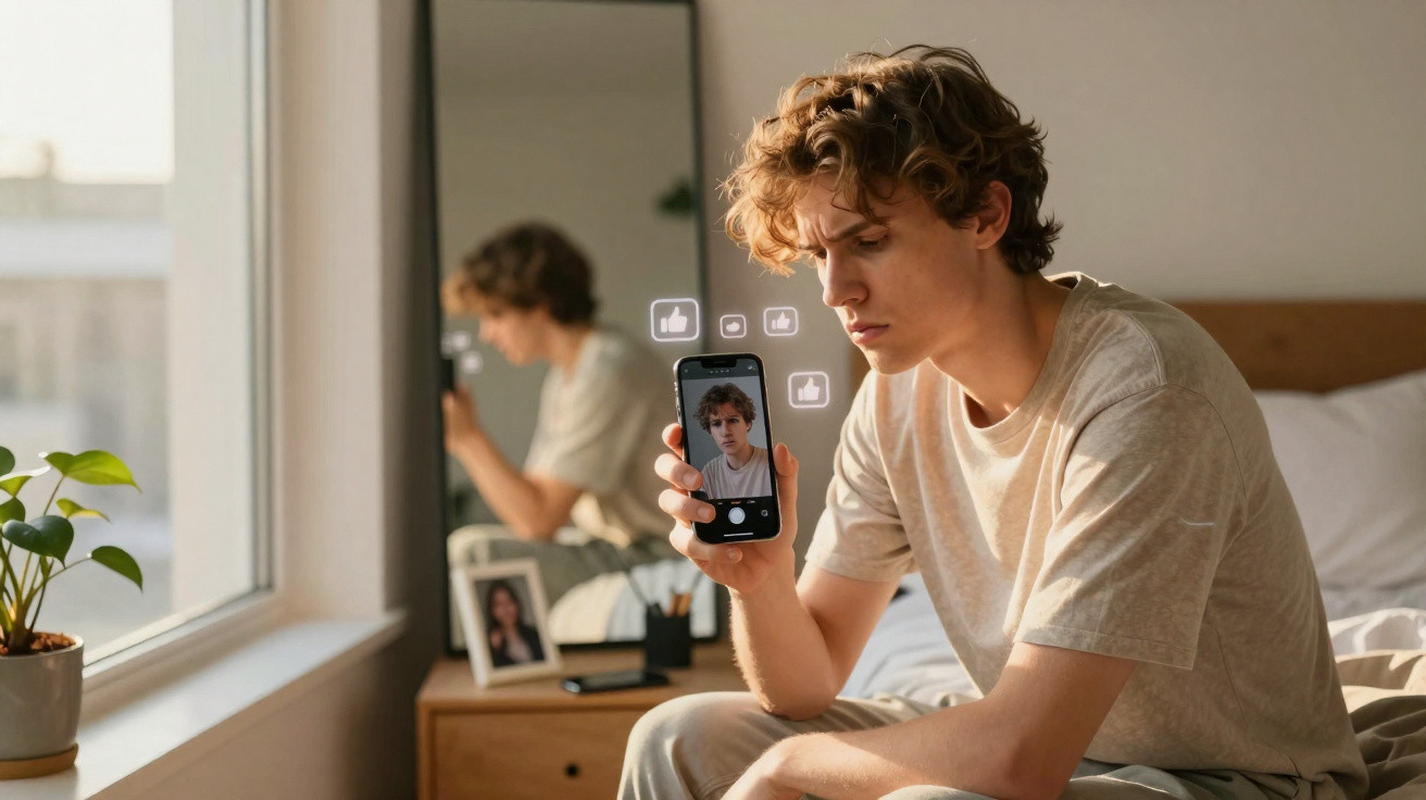 Jovem sentado na cama olhando para o ecrã do telemóvel com expressão preocupada.