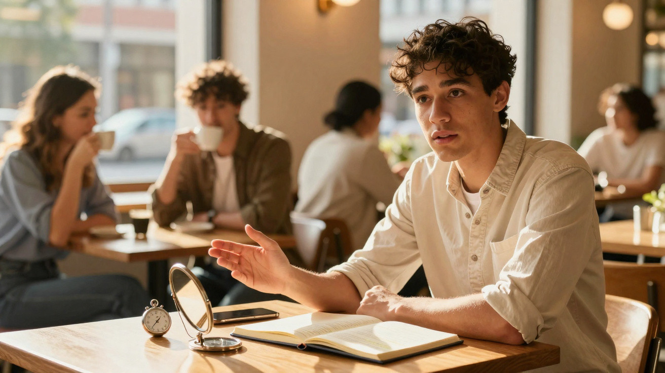Jovem sentado numa mesa de café com livro aberto, olhando para a frente e gesticulando.