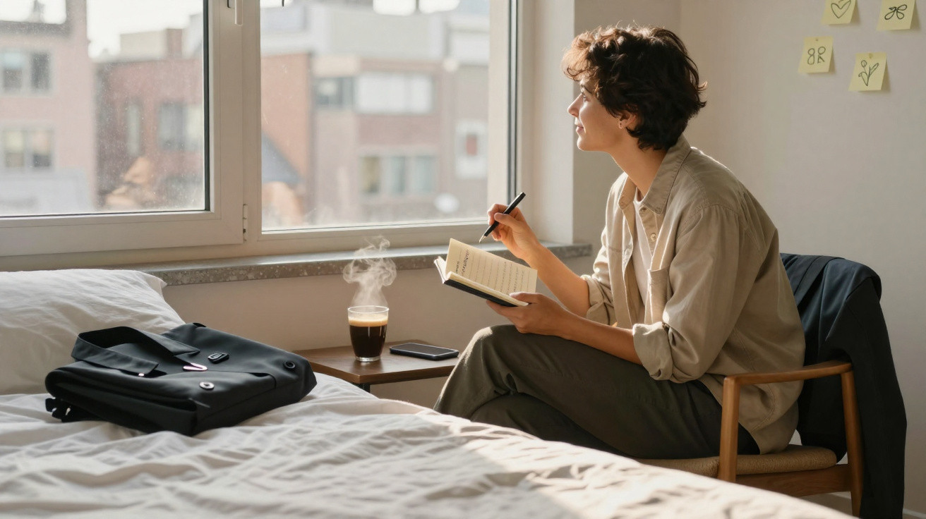 Pessoa sentada numa cadeira perto da janela a escrever num caderno, com portátil e chá numa mesa ao lado.