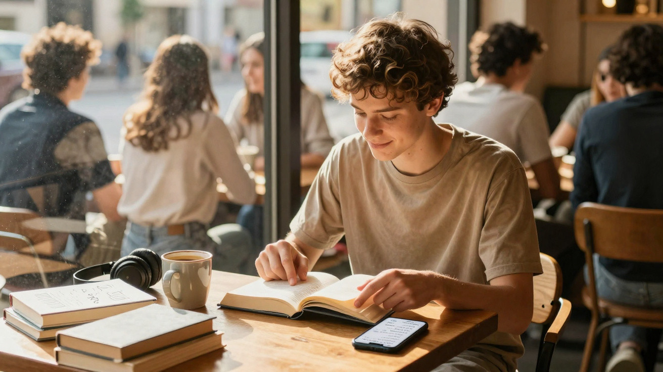 Jovem sentado numa cafetaria, a ler um livro com cadernos e telemóvel na mesa à frente.