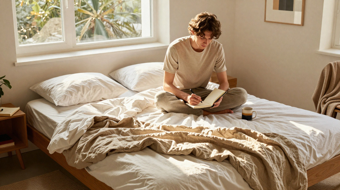 Homem sentado na cama a escrever num caderno, com luz natural e café ao lado.