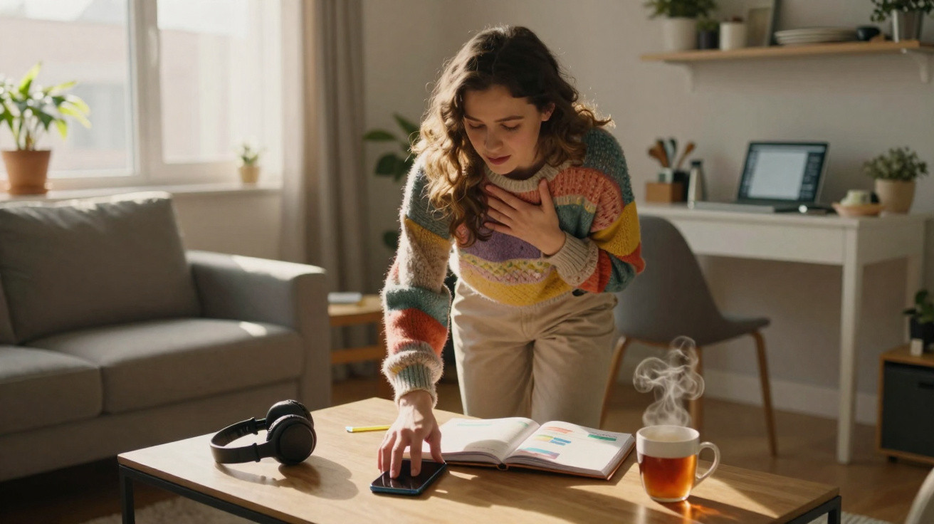 Mulher em casa, com suéter colorido, pega telemóvel numa mesa com livro, auscultadores e chá quente.