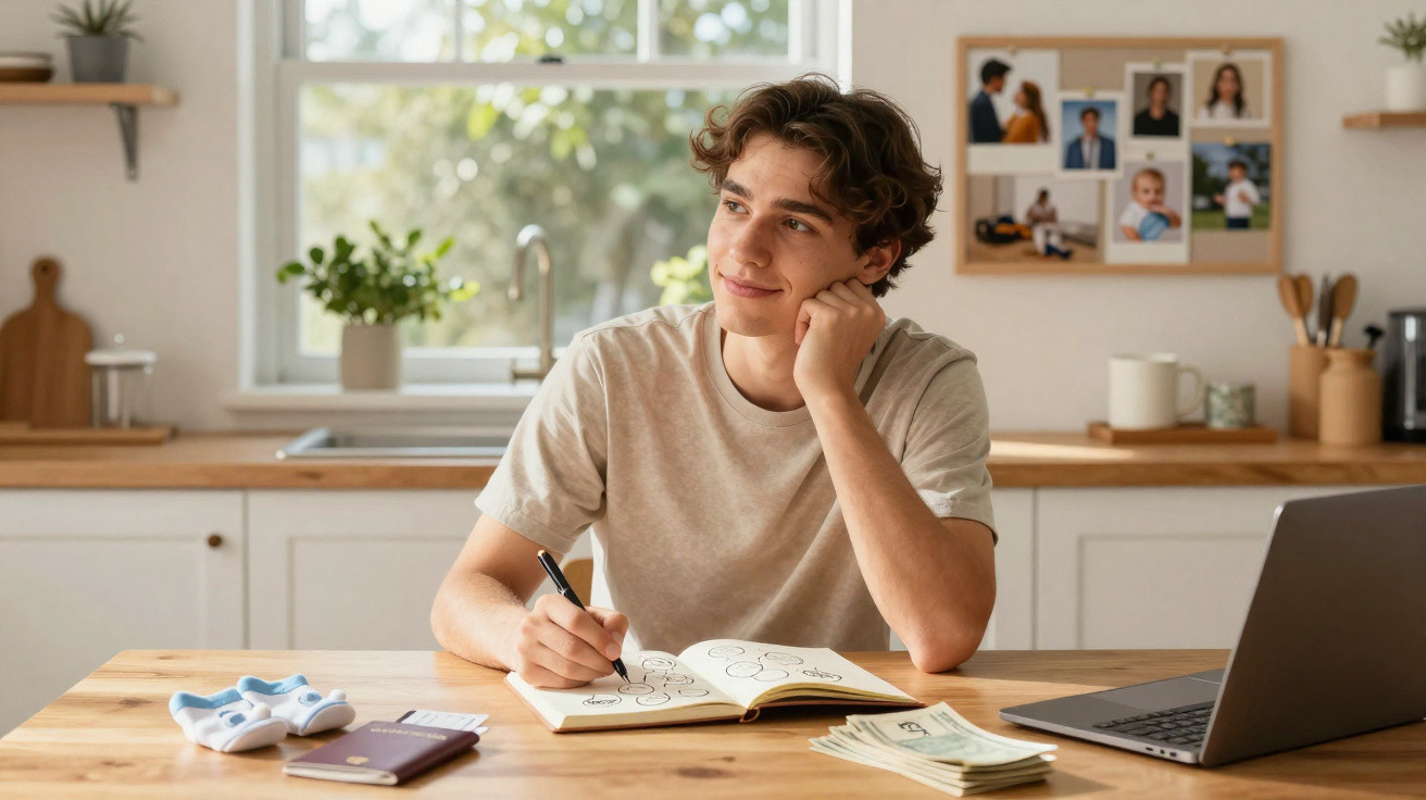 Jovem sentado à mesa a desenhar num caderno, com laptop, dinheiro e passaporte à frente.