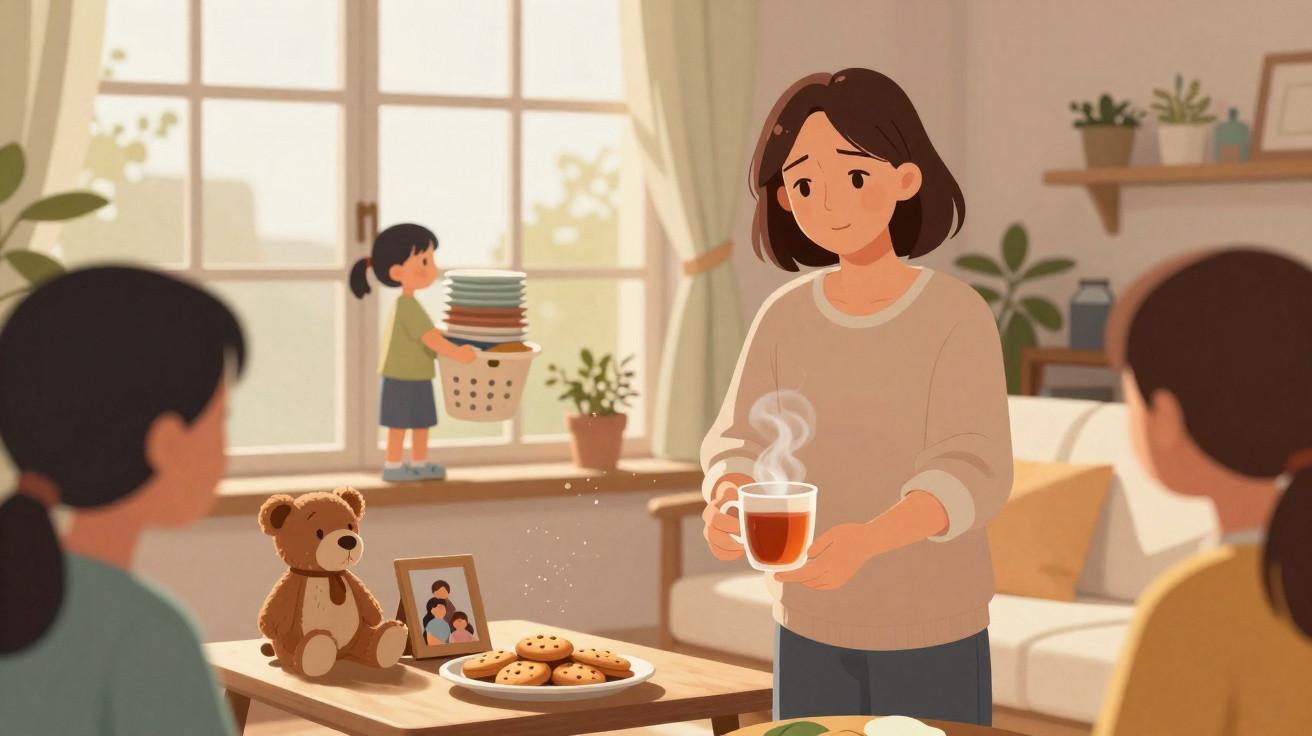Mulher serve chá a outra pessoa numa sala, criança ao fundo com roupa e cesta de roupa suja.