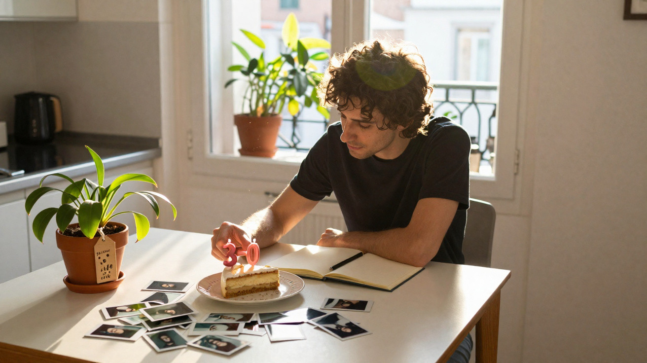 Jovem sentado à mesa a acender velas num bolo de aniversário, rodeado de fotografias e plantas.