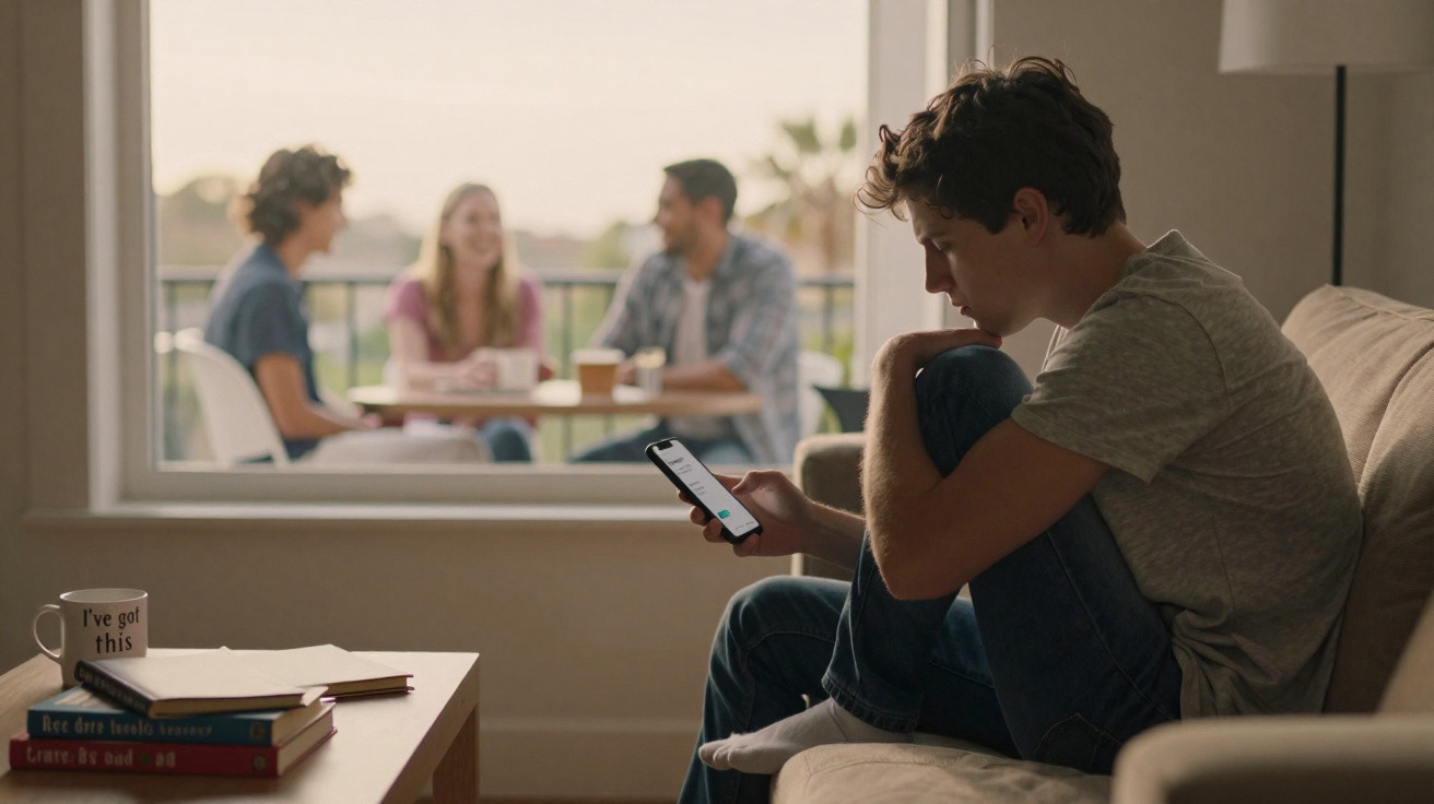 Jovem sentado no sofá a olhar para o telemóvel, grupo de pessoas a conversar ao fundo na varanda.