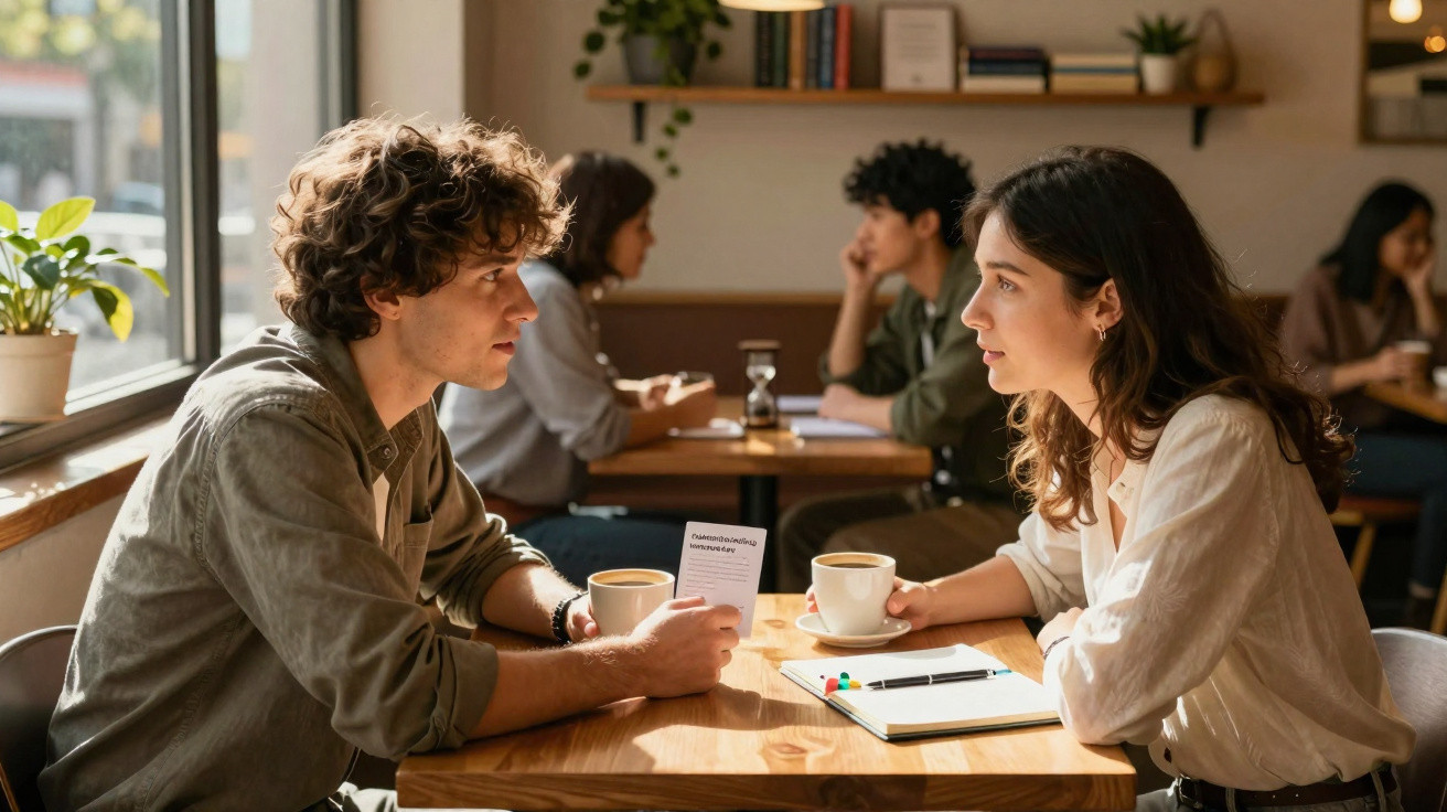 Casal jovem conversa num café, com canecas na mão, à luz natural, enquanto outros clientes estão ao fundo.