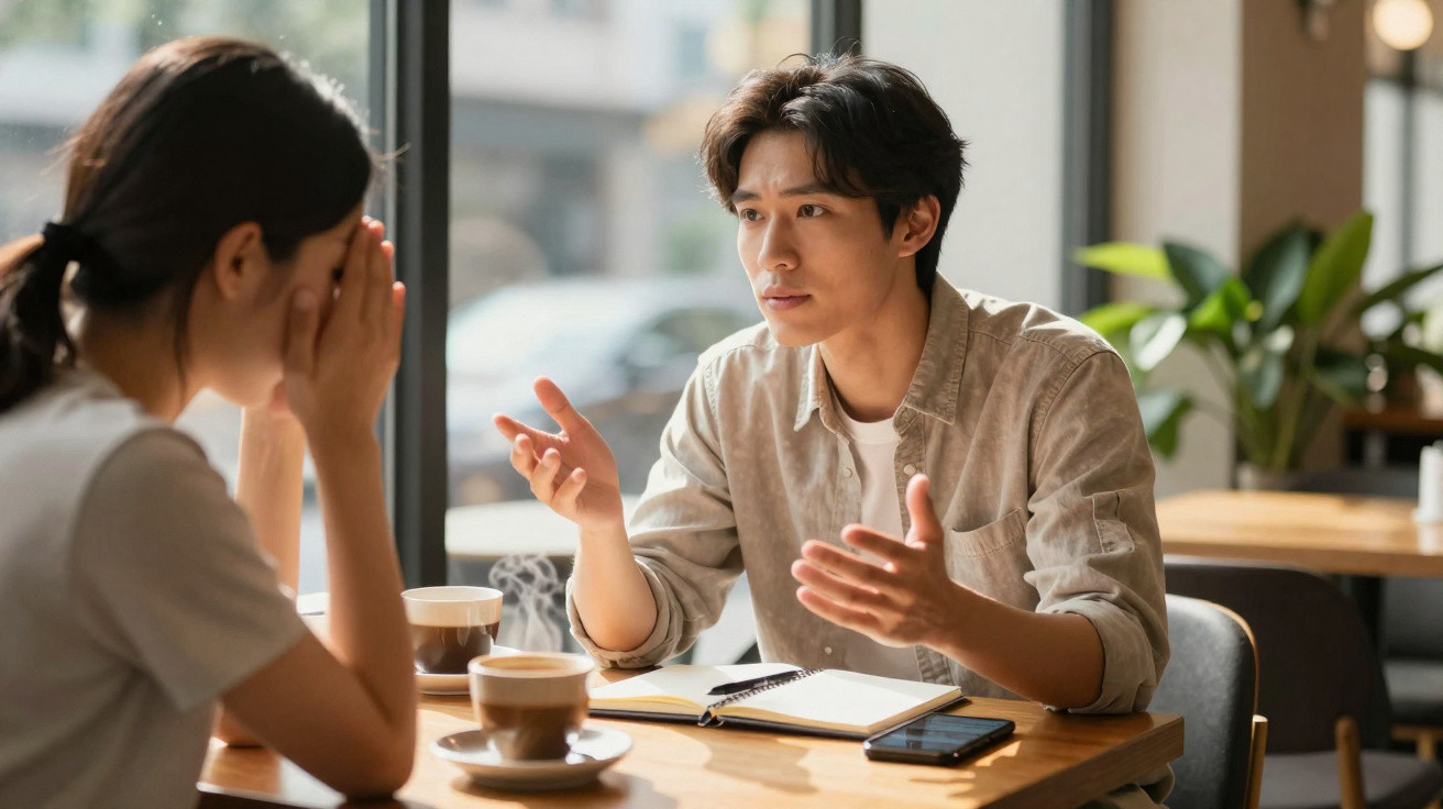 Homem conversa seriamente com mulher num café, ambos sentados à mesa com café e caderno.