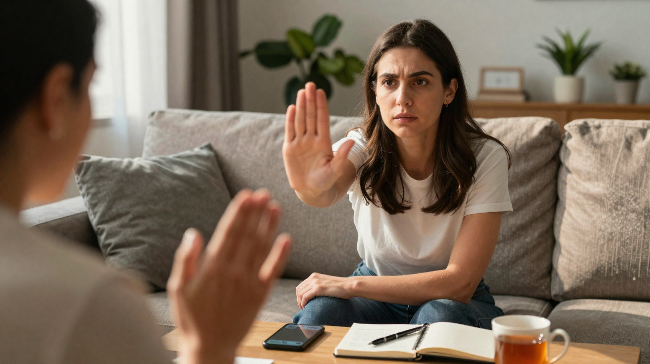 Mulher séria a sentar no sofá com a mão levantada em sinal de paragem enquanto conversa com outra pessoa.