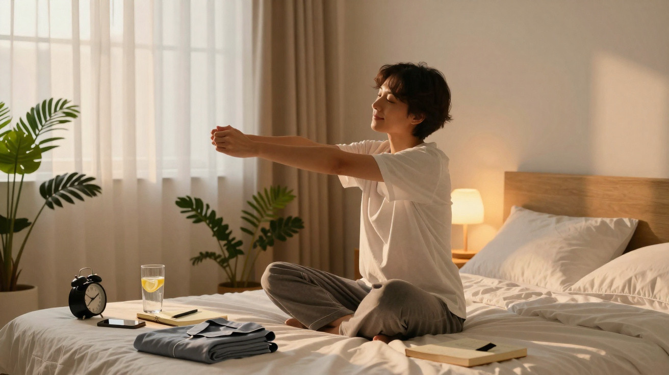 Mulher a alongar-se sentada na cama num quarto iluminado pela manhã, com objetos pessoais à sua volta.
