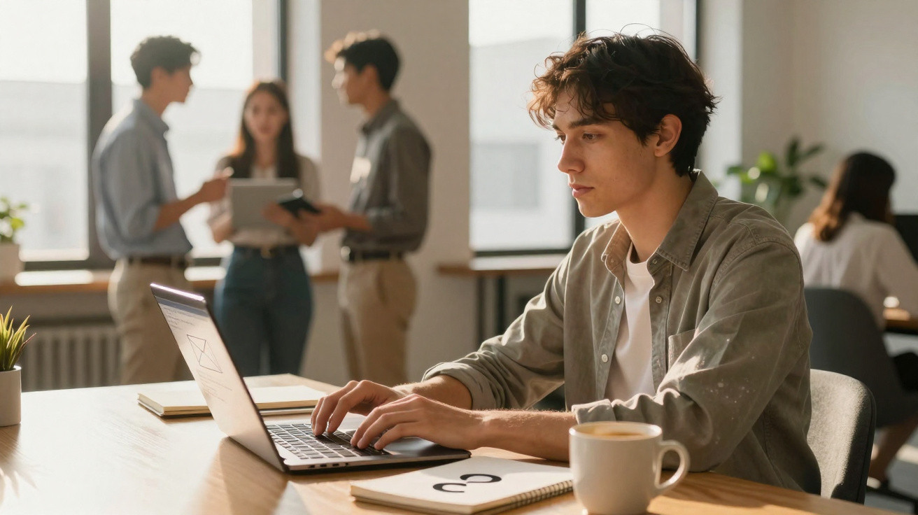 Jovem a trabalhar concentrado em computador portátil num escritório com colegas ao fundo.
