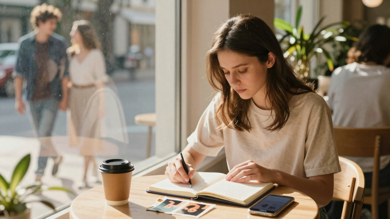 Mulher jovem a escrever num caderno numa cafetaria, com telemóvel e café na mesa junto à janela.