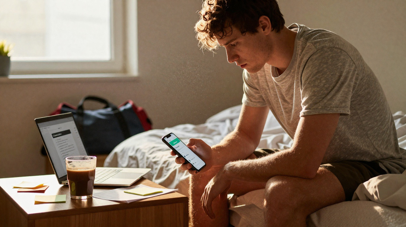 Jovem sentado na cama a usar telemóvel, com computador portátil, café e acessórios numa mesa à frente.
