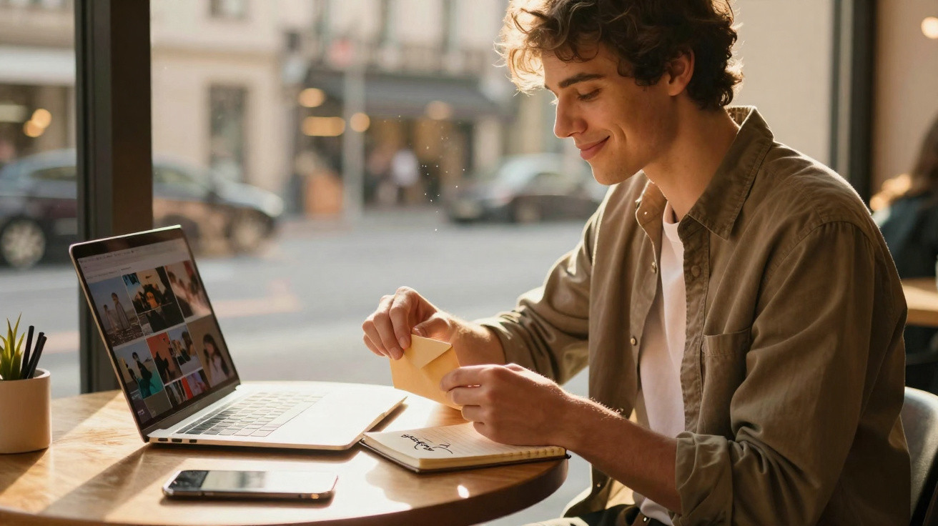 Jovem sentado numa mesa a abrir um envelope com um computador portátil e telemóvel à sua frente.