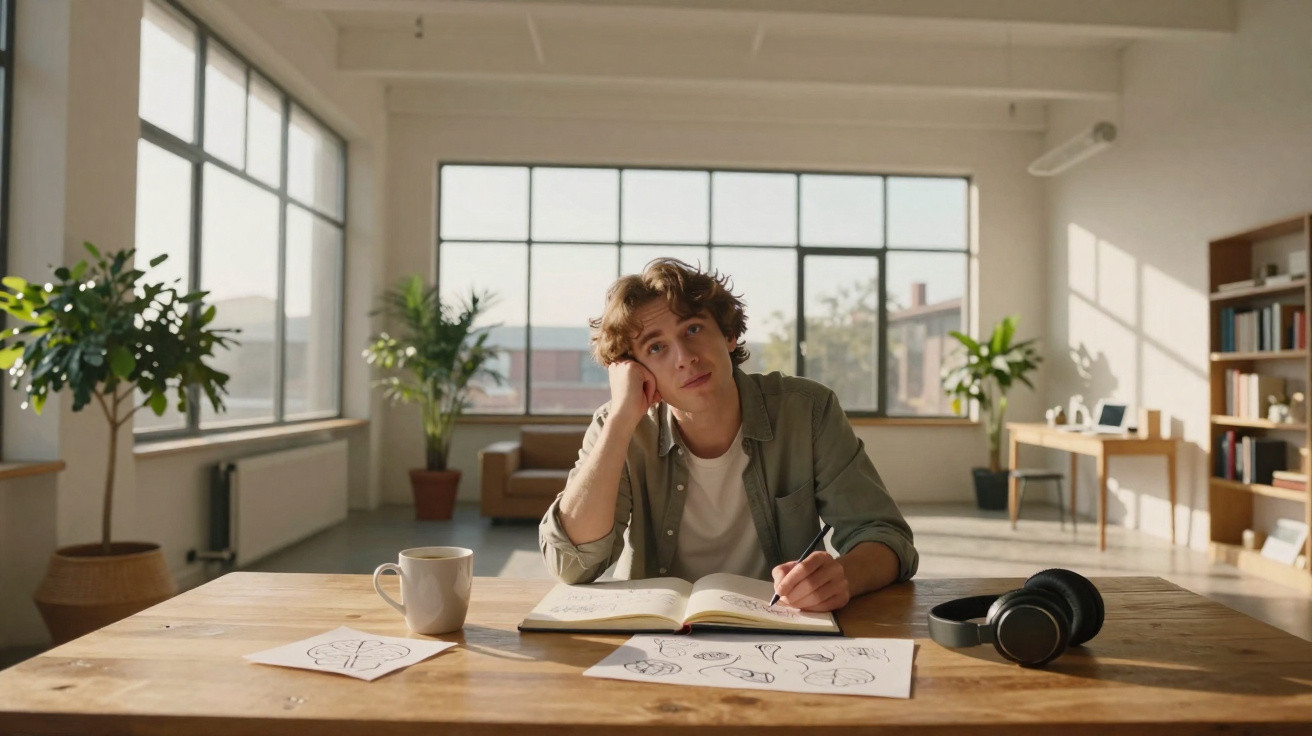 Jovem sentado à mesa a desenhar e a pensar numa sala iluminada e com plantas.