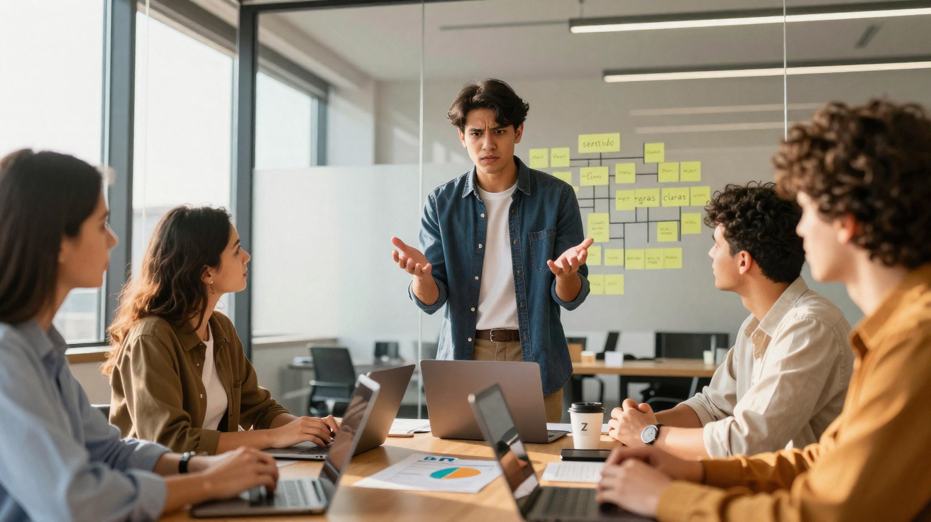 Jovem explica projeto a colegas numa reunião de trabalho com laptops e notas adesivas na parede.