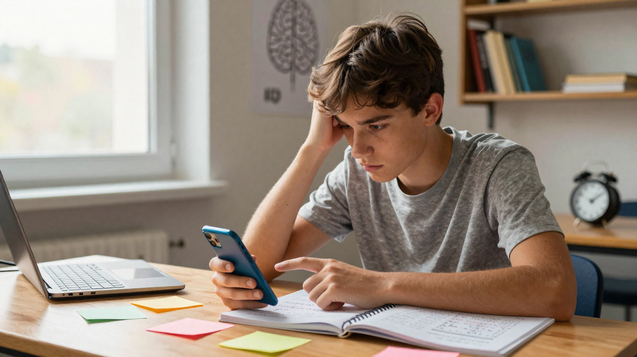 Jovem a estudar com laptop, telemóvel e caderno numa secretária iluminada por luz natural.