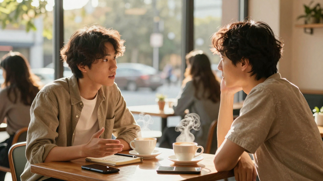 Dois jovens em conversa animada numa esplanada de café, com chávenas e caderno na mesa.