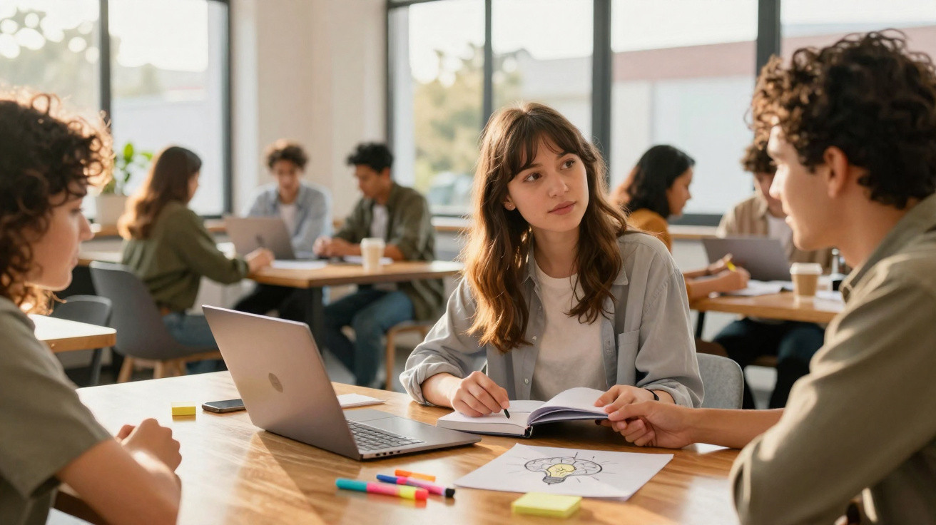 Jovens a colaborar numa sala de estudo moderna com laptops, cadernos e desenhos expostos numa mesa.