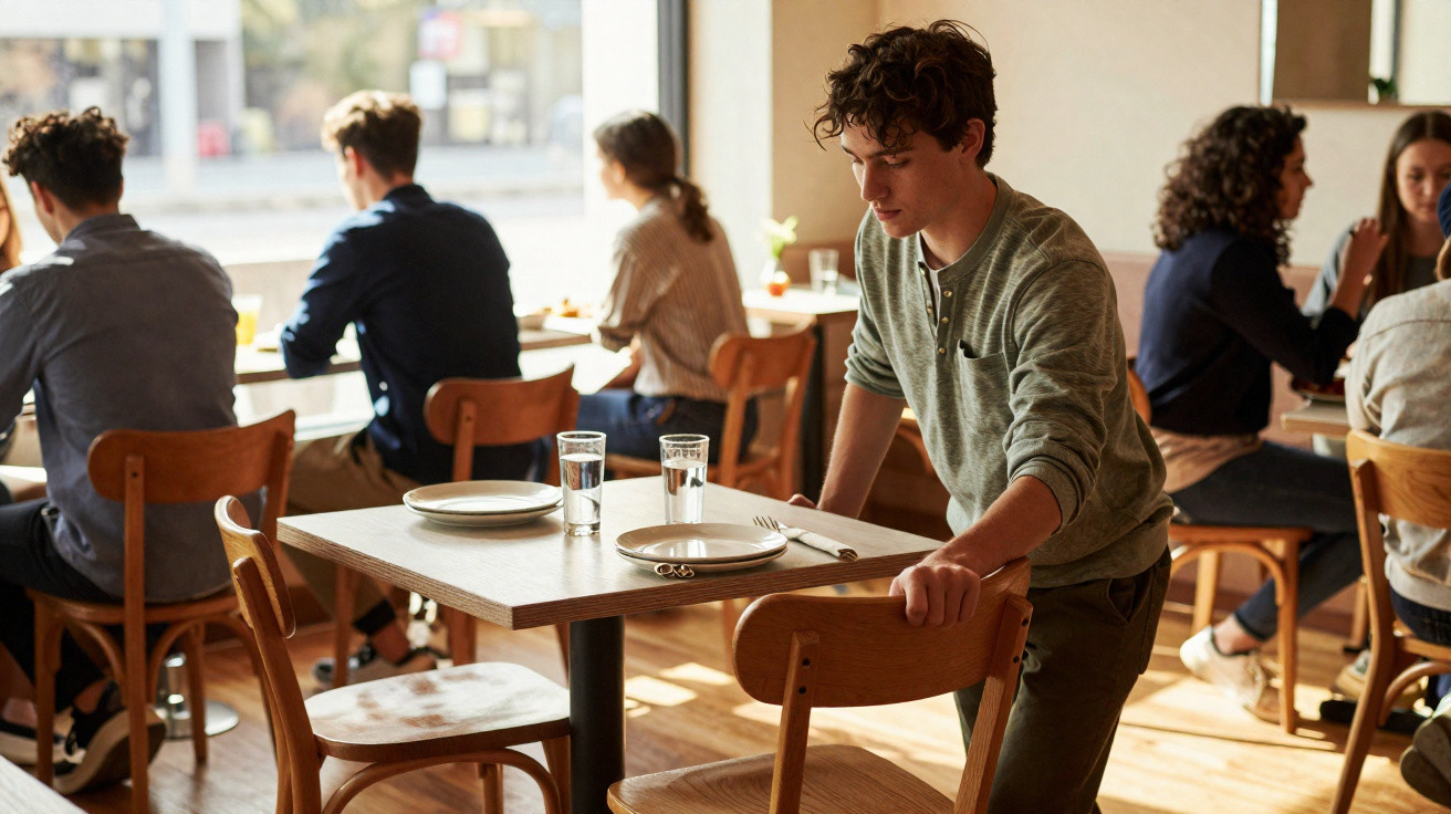 Jovem a arrumar uma cadeira numa mesa de restaurante com dois copos e pratos, ambiente iluminado e calmo.