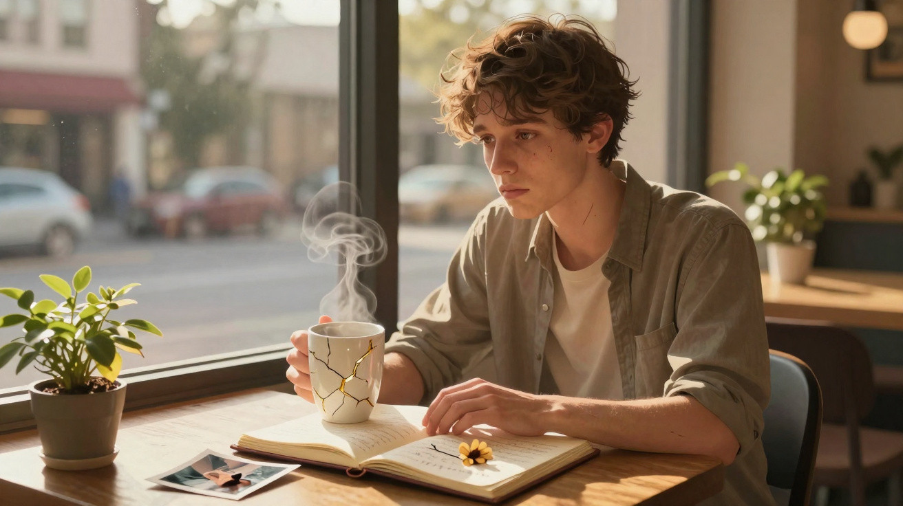 Jovem sentado à mesa junto a uma janela, segurando uma chávena de chá quente e lendo um livro aberto.