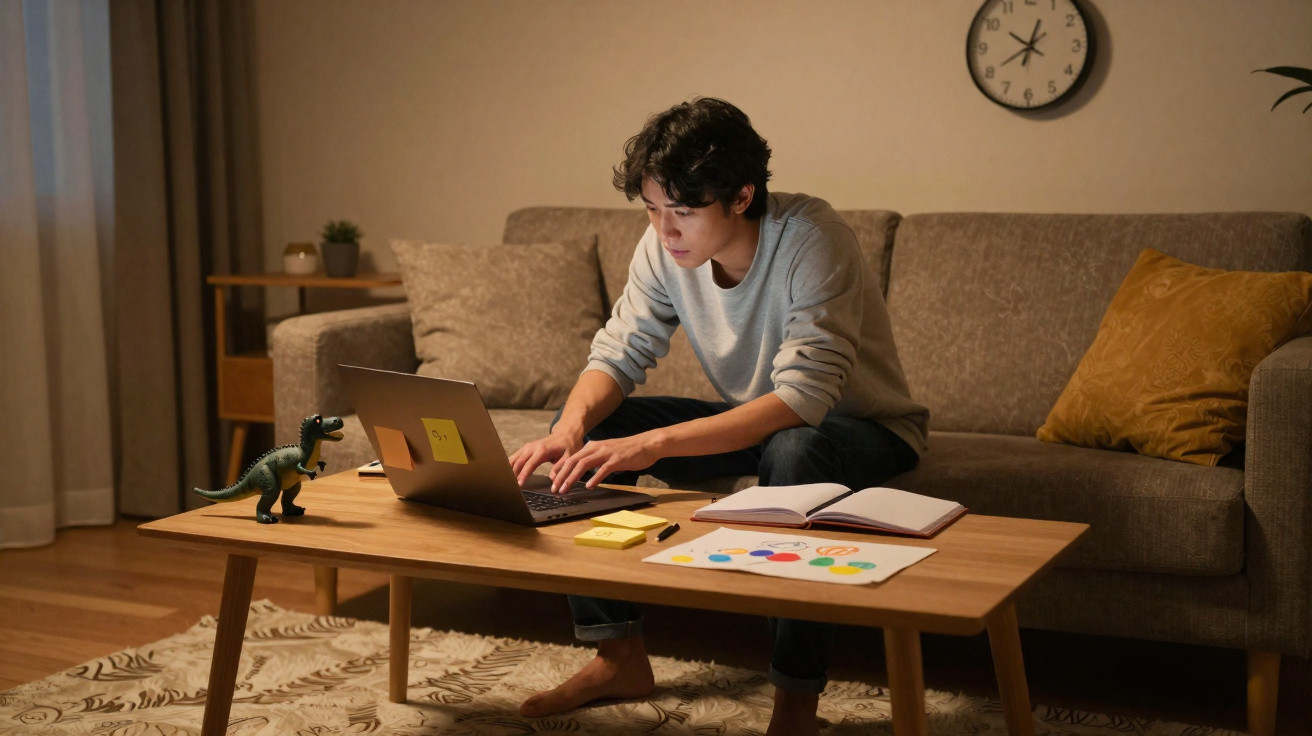 Jovem sentado no sofá a trabalhar num portátil, com livros e brinquedos numa mesa de centro.