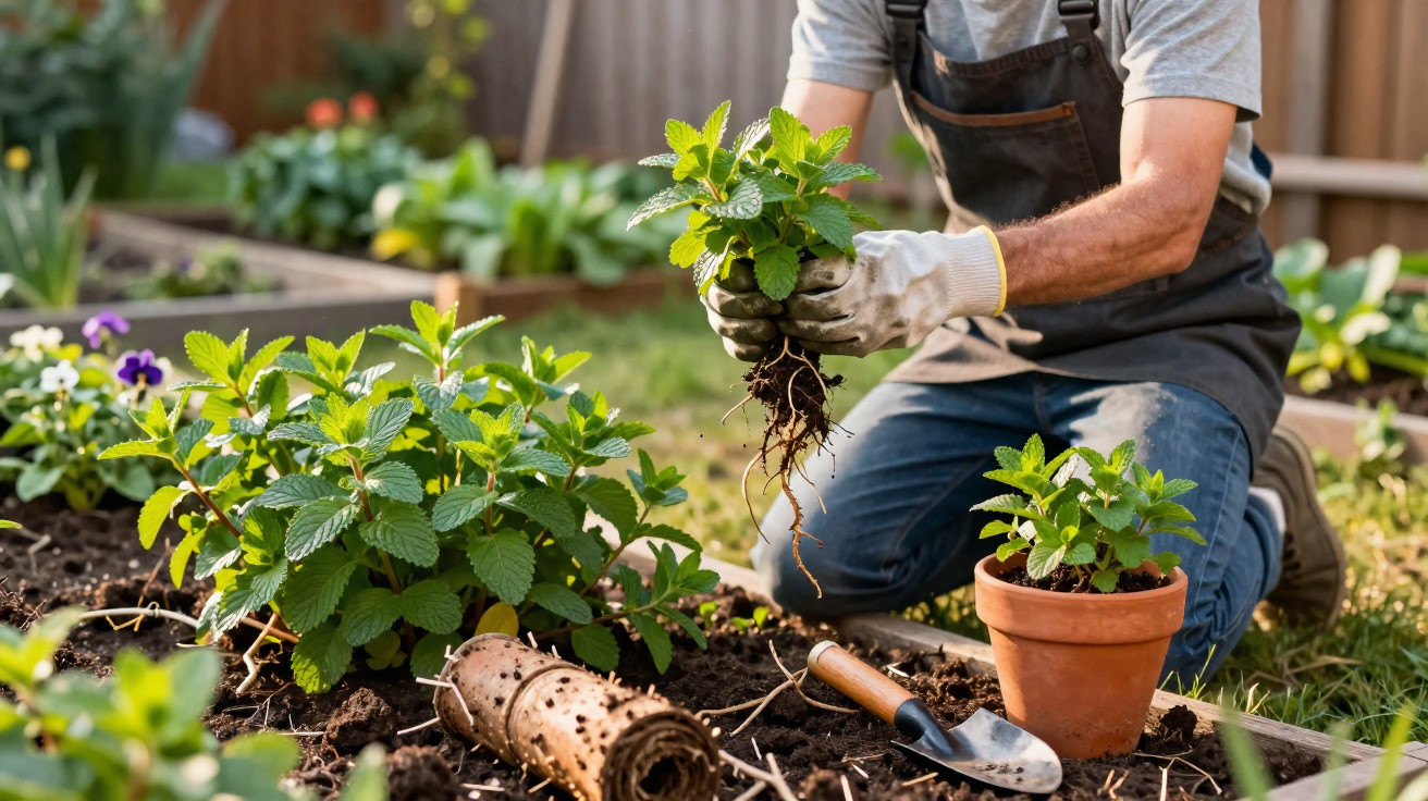 Pessoa a transplantar planta num jardim com vasos, luvas e ferramentas de jardinagem.