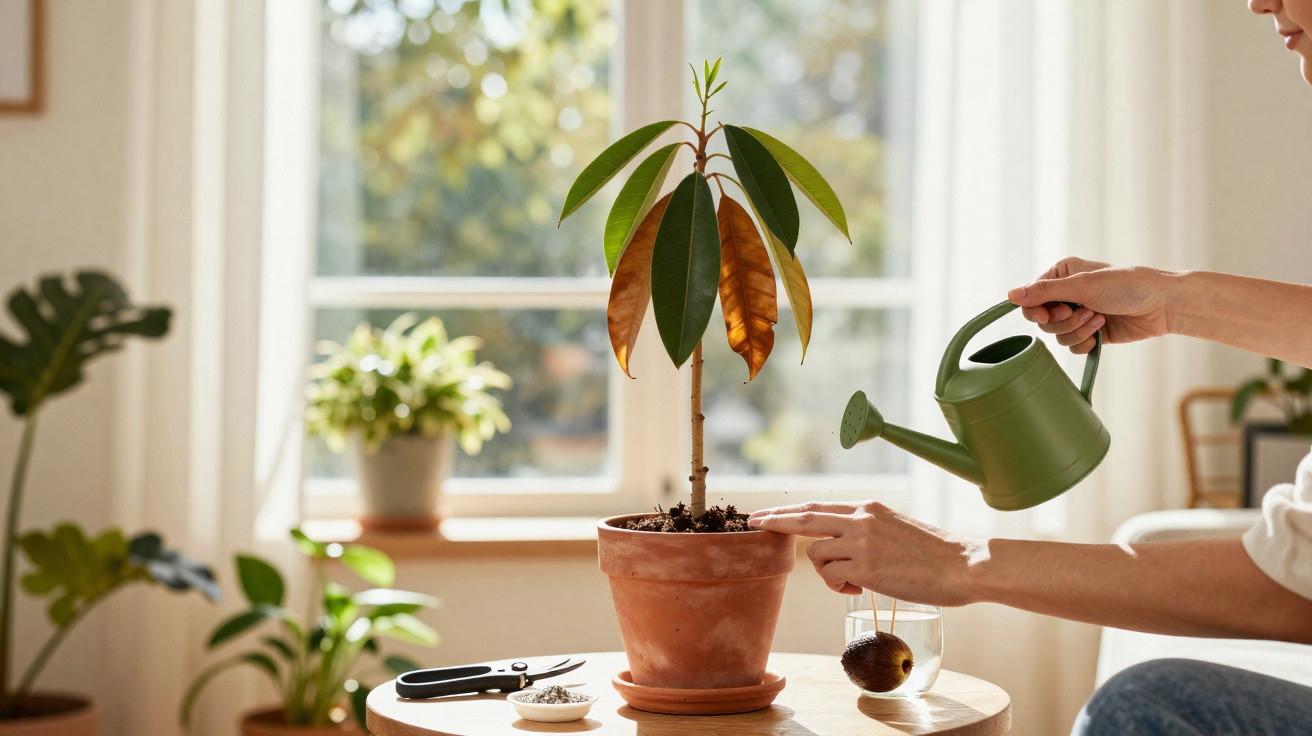 Pessoa a regar planta jovem com regador verde numa sala iluminada pela janela.