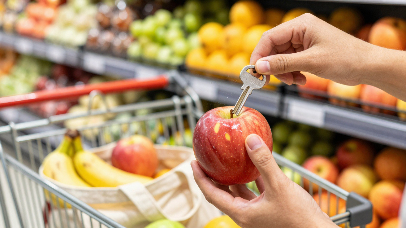 Pessoa a espetar uma chave numa maçã vermelha no supermercado junto a um carrinho de compras com frutas.