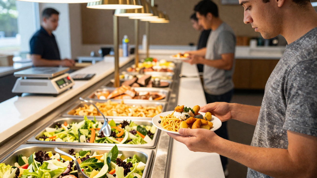 Jovens a servirem-se numa linha de buffet com várias saladas, pratos quentes e pratos preparados.