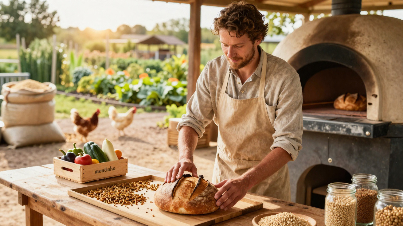 Homem a cortar pão caseiro num espaço rústico com forno de lenha e ingredientes agrícolas à volta.