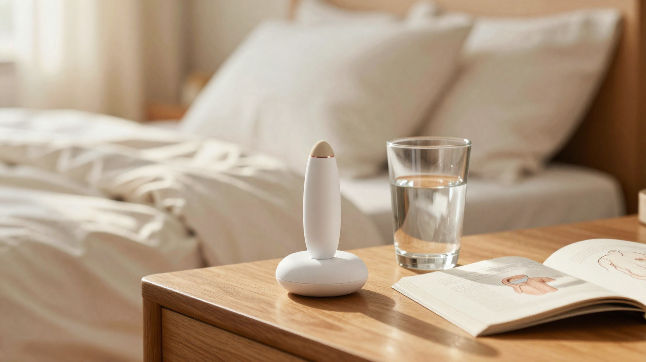 Copo de água, livro aberto e dispositivo branco numa mesa junto a uma cama com almofadas.