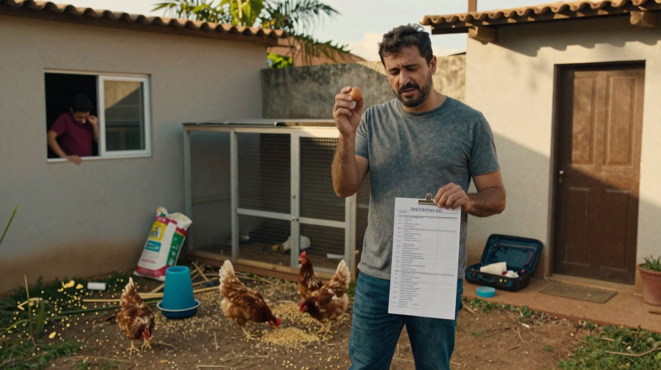 Homem segura um ovo e um papel num quintal com galinhas, enquanto outra pessoa limpa uma parede ao fundo.
