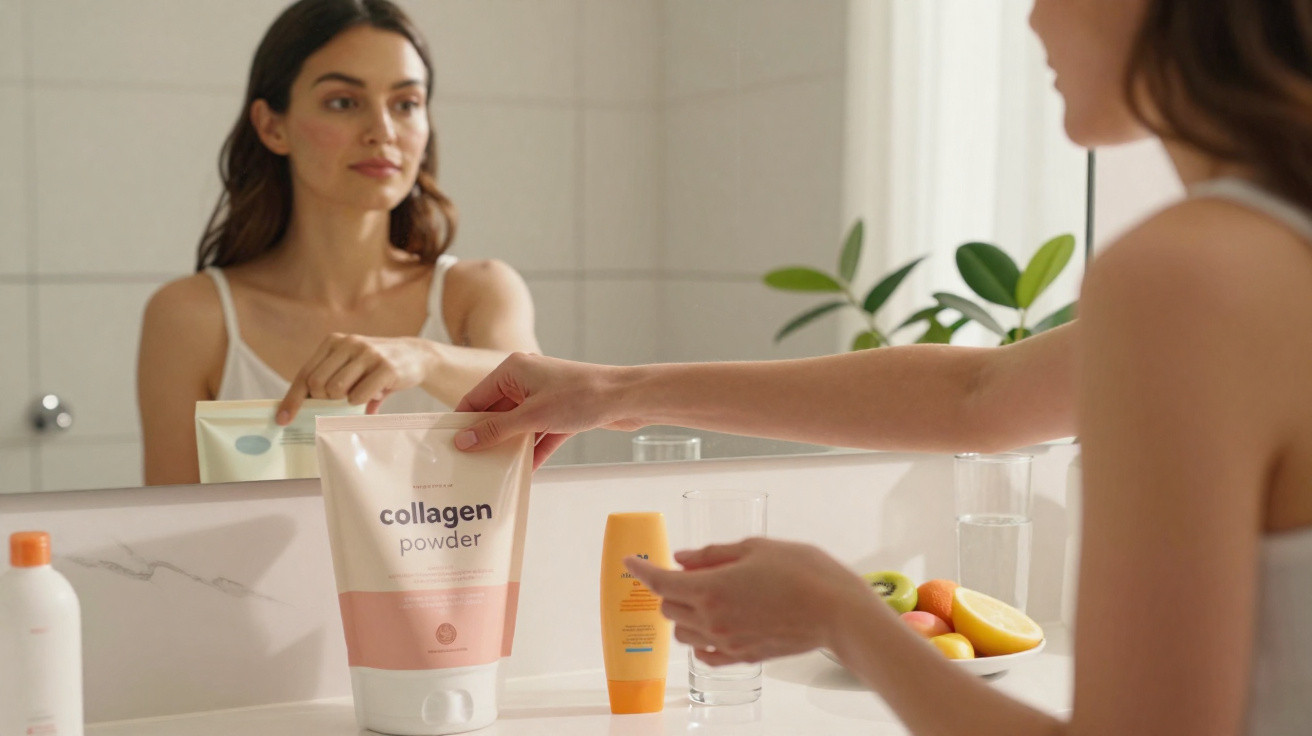 Mulher a aplicar creme no rosto junto a produtos de cuidado da pele num lavatório com espelho.